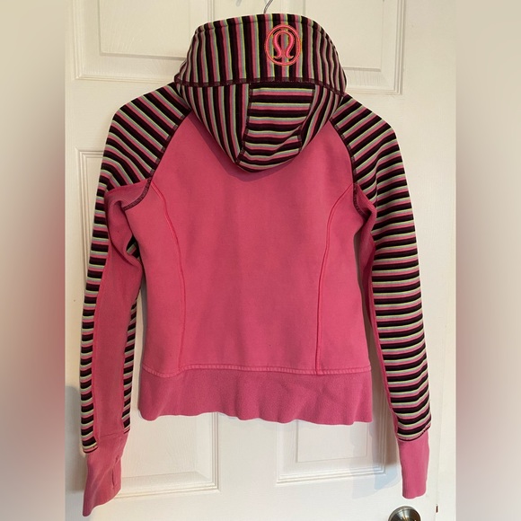 Lululemon Athletica Scuba top. Pink and lime green with stripes. Size 2. - Picture 2 of 3